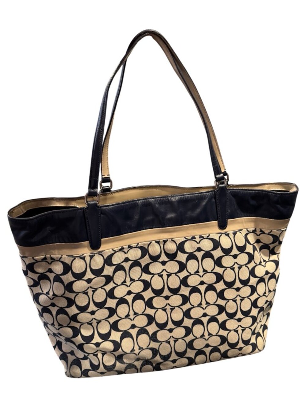 Coach 29423 Signature Tote Khaki Canvas Navy Leather Shoulder Bag EUC - Picture 4 of 10